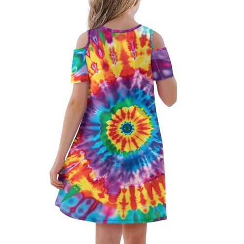 Girls Summer Cold Shoulder Dresses 3-14Y Kids Casual Short Sleeve Mini School Outdoor Dress with Pockets2