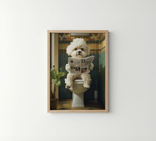Image of Maltese on Toilet Wood Framed Wall Art Print Poster, Dog Bathroom Humor Decor Posters Prints for Restroom Home Picture Painting Artwork Gallery 7 (Maltese, 10 inchL x 8 inchW, Wood Frame)