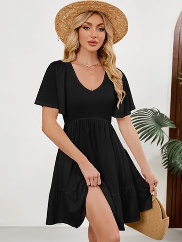 Image of UEAL Womens Cute Floral Smocked V Neck Flutter Sleeve Sundress with Pockets Casual Spring Summer Dresses for Women 2026
