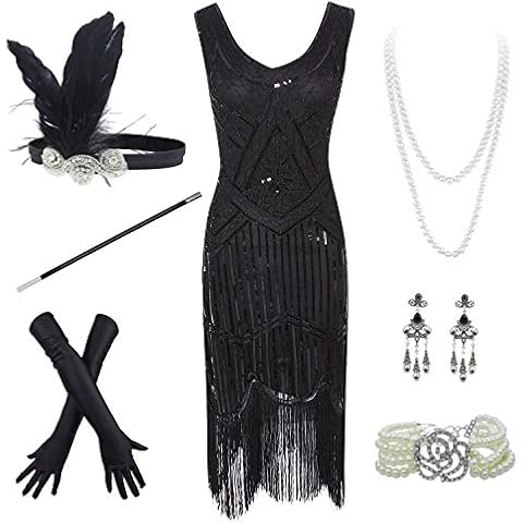 FUNDAISY 20s Flapper Gatsby Sequin Beaded Evening Cocktail Dress with Accessories Set (Medium, Black) Cover