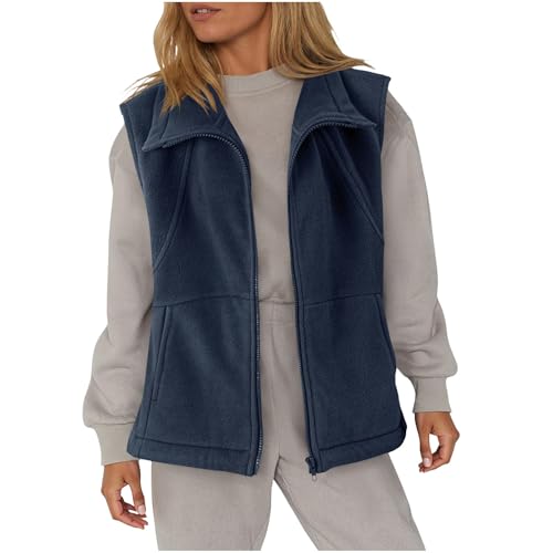 Womens Fleece Gilets - Full Zip Up, Lapel Collar, Two Side Pockets, Loose Fit, Sleeveless Jackets, Teddy Fleece Waistcoat, Ladies Casual Plain Body Warmers, Navy, XL