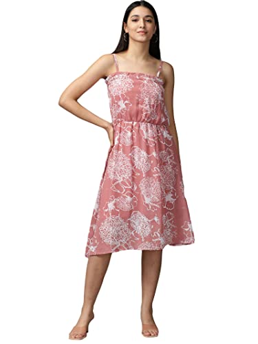 Image of SHOWOFFFF Women Floral Fit and Flare Casual Dress | Shoulder Straps Sleeveless Georgette Dress for Womens | Knee Length Dress for Women's