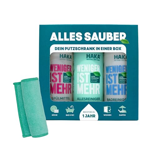 HAKA Reiniger-Set 'Weniger ist mehr', 1x Allzweckreiniger, 1x Spülmittel, 1x Badreiniger, 1x Putztuch, für Boden, Küche & Bad, nachhaltig, vegan, materialschonend, 3x 475ml inkl. Mikrofaser-Tuch