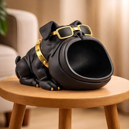 Image of Xtore Sculptural Bulldog Storage Organizer Showpiece| Modern Matte Black Dog Figurine with Sunglasses & Utility Bowl for Living Room, Desk, Entryway Styling (Black, 26 x 16 cm)