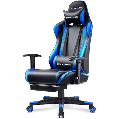 GTPLAYER Gaming Chair with Footrest, Ergonomic Computer Game Desk Chair, Reclining Gamer Chair Seat Height Adjustment, Swivel Rocker with Headrest and Lumbar (Blue)