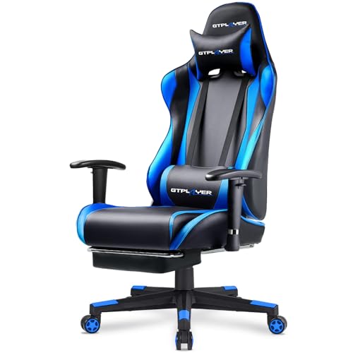 GTPLAYER Gaming Chair Racing Office Computer Game Desk Chair Ergonomic Backrest and Seat Height Adjustment Swivel Rocker with Headrest and Lumbar Pillow E-Sports Chair Black (Blue)