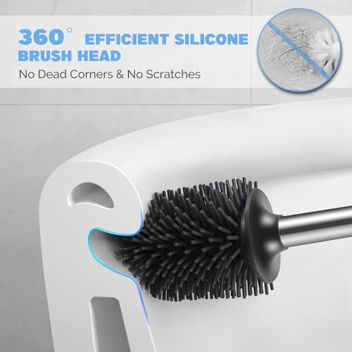image for HAMITOR Toilet Bowl Brush Holder Set: Silicone Stainless Steel Deep Cl