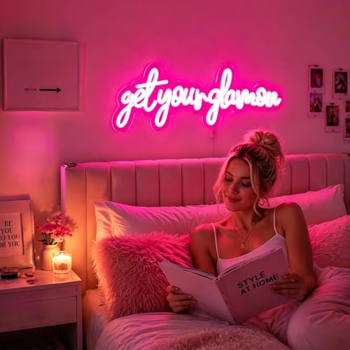 Image of Get Your Glam On Neon Sign, Neon Signs for Wall Decor Neon Pink LED Signs Room Neon Light Up Signs Home Decor for Bedroom Club Party Bar Shop USB Operated