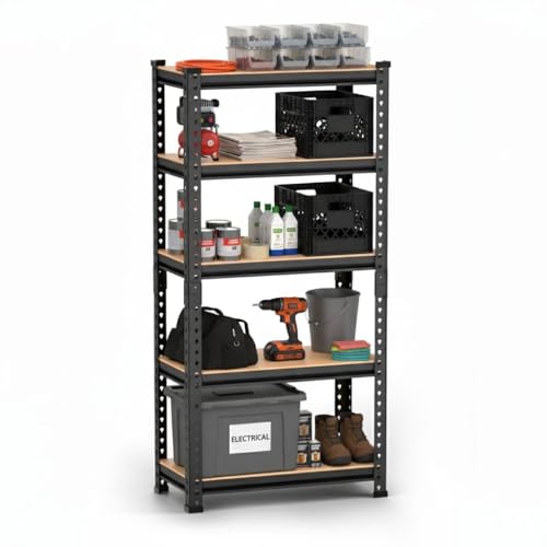 Image of 5 Tier Heavy Duty Storage Rack - Boltless Metal Shelving Unit with Adjustable Shelves, Powder Coated Steel Frame, MDF Board Shelves for Garage, Warehouse, Kitchen & Office Storage (5 Shelf)