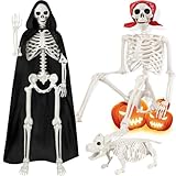 Gushu 5.4ft Skeleton Halloween Decor, Life Full Size Posable Skeleton with Skeleton Dog Black Cloak Bandana, Plastic Giant Skeleton Halloween Decoration for Outdoor Yard Indoor Lawn Scary Party