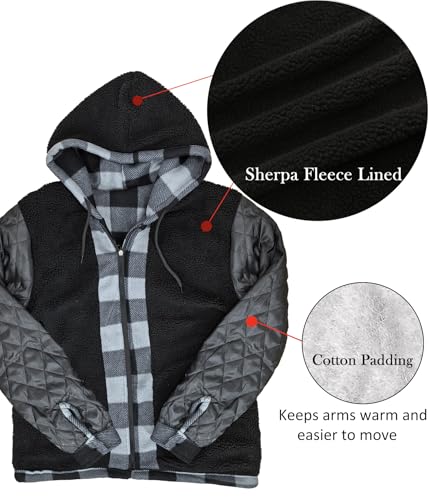 Image of Men's Flannel Jacket Hoodie Full Zip Up Plaid Thick Fleece Sherpa Lined Sweatshirt Winter Warm Coats