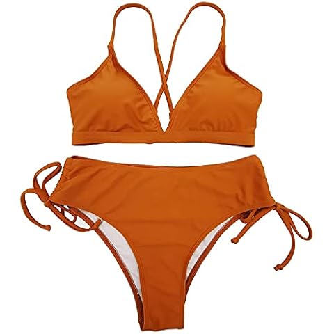 Leoparts Women's Criss Cross Back Lace-Up Bikini Swimsuits Padded Tie Side Drawstring Bottom Two Piece Bathing Suits - pink - Large Cover