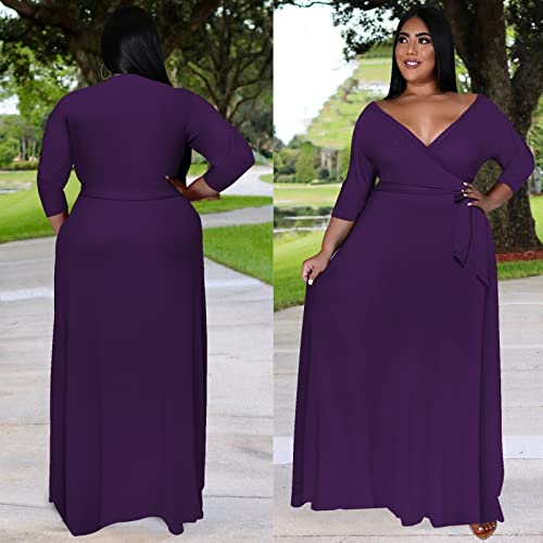 Image of Runwind Plus Size Dresses for Women Floral Maxi Dress Flowy 3 /4 Sleeve with Belt