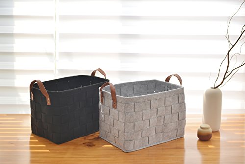 Collapsible Storage Basket Bins, Foldable Handmade Rectangular Felt Fabric Storage Box Cubes Containers With Handles- Large Organizer For Nursery Toys,Kids Room,Towels,Clothes, Black（16"X11.8"X11.5"） #TOP6