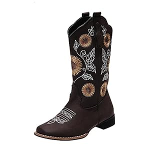 Cowboy Laarzen voor Vrouwen Mid Kalf Cowgirl Westerse Laarzen Vrouwen Zonnebloem Geborduurde Cowgirl Laarzen Vierkante Teen Retro Klassieke Warme Cowboy Westerse Laarzen Enkellaarsjes Werk Laarzen Lage Hak Anti Slip Pull On