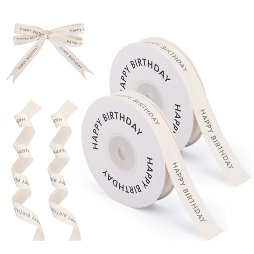 2 Rouleaux Ruban Joyeux Anniversaire Coton, Ruban Décoratif Sergé Coton pour Emballage Cadeau Artisanat Décorations Fête Anniversaire