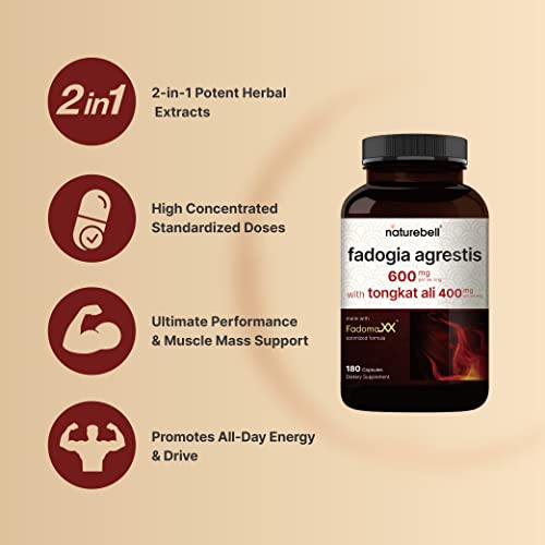 Naturebell Fadogia Agrestis 600Mg Complexed With Tongkat Ali 400Mg, 180 Capsules, Optimal Dosage For Enhanced Bioavailability, 20:1 Fadogia Argrestis Extract Indonesia Tongkat-Ali (Longjack) #TOP4