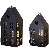 HPC Decor Modern Farmhouse Lantern Decorative- Metal House Candle Lanterns w/ Timer String & LED ...