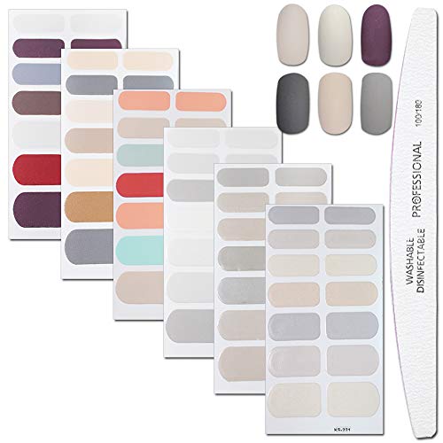 WOKOTO 6 Sheets Pure Color Nail Art Polish Decal Strips with 1Pcs Nail File Adhesive Nail Wraps Stickers Manicure Kits for Women