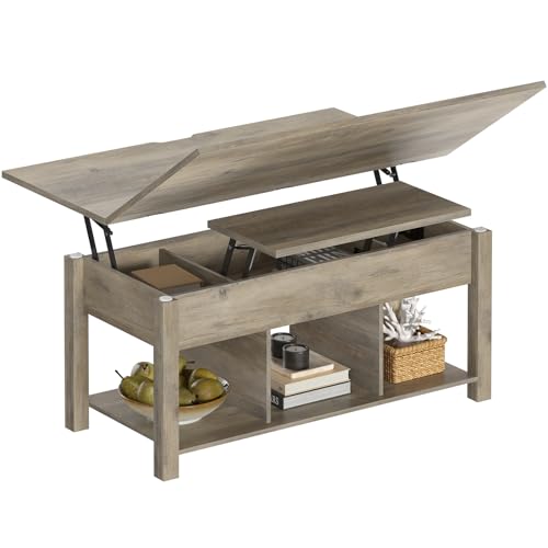 Lift Top Coffee Table for Living Room, 4 in 1 Coffee Table with Storage, Modern Farmhouse Wood Coffee Tables with Hidden Compartments and Open Shelf (Washed Gray)