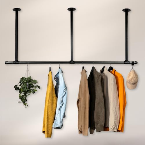 Liam - Barra para colgar ropa, montaje en techo, diseño industrial, color negro, ancho 220 cm x alto 100 cm, color negro