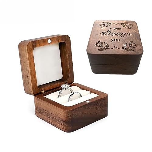 molchagar Wooden Ring Box for Wedding Ceremony, Rustic Ring Holder for Proposal, Engagement, Anniversary, Flora Engraved Jewelry Gift Box for lover's Birthday…