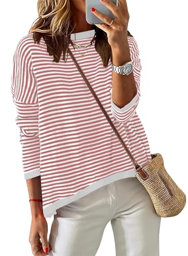 Cuptacc Ladies Jumpers Striped Women's Sweatshirts Women Cotton Tops Stylish Ladies Tee Shirts PinkWhite M 12-14