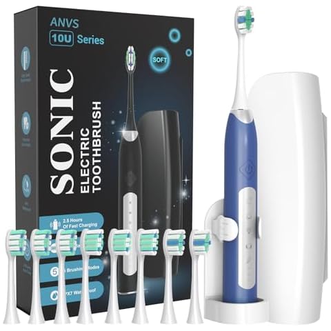 ANVS Sonic Electric Toothbrushes for Adults - Rechargeable Electric Toothbrush with Travel Case, 8 Brush Heads and a Holder, Power Whitening Toothbrush Fast Charge for 90 Days Use(Dark Blue) Cover