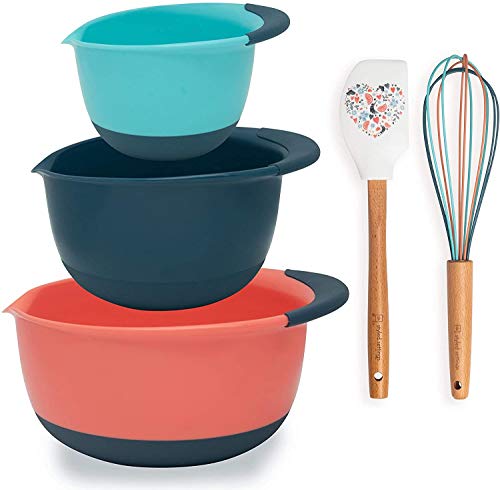 Vibrant Plastic Mixing Bowl Sets For Kitchen, Prep Bowls Set Includes Silicone Spatula & Silicone Whisk - Features a Non-Slip Batter Bowl with Handle and Spout - Plastic Mixing Bowls for Kitchen