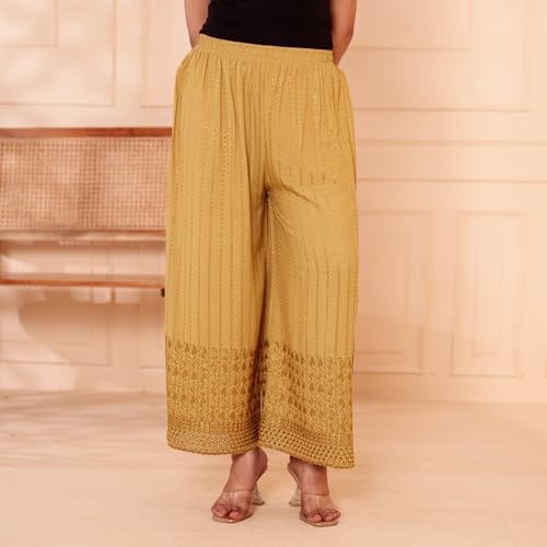 Image of VIVIKA Chikankari Palazzo Pants for Women |Rayon Wide Leg Ethnic Palazo with Embroidery | Comfortable Elastic Waist Women's Palazzo for Casual, Festive & Office Wear