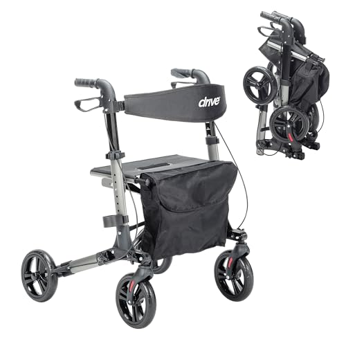 Drive Medical Compact Folding Rollator - Lightweight Foldable Walker for Seniors, 4-Wheeled Walker with Seat & Brakes, Space-Saving & Portable Travel Rollator with 8-Inch Wheels - Just 15.4 Pounds