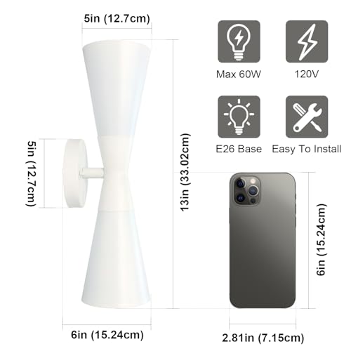Image of Modern Indoor Wall Sconce Up and Down White Wall Sconce Mid Century Indoor Wall Light Fixture Hardwired Wall Mounted Lamp for Living Room Bathroom Bedroom Hallway 13 Inch