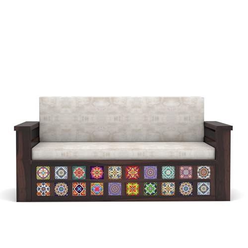 Image of Solid Sheesham Wood Sofa Cums Bed with Cushioned Seating & Handcrafted Tile Storage Front | Rosewood Convertible Sofa Bed for Living Room & Bedroom (Walnut Finish)