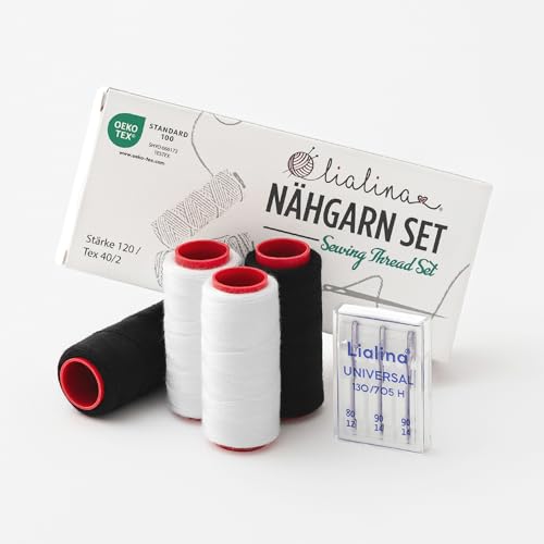 Lialina Juego de hilo de coser con agujas para máquina de coser, 4 x 250 m, color blanco y negro, 100% poliéster, certificado Oeko-Tex/grosor 120, hilo de coser resistente para máquina de coser