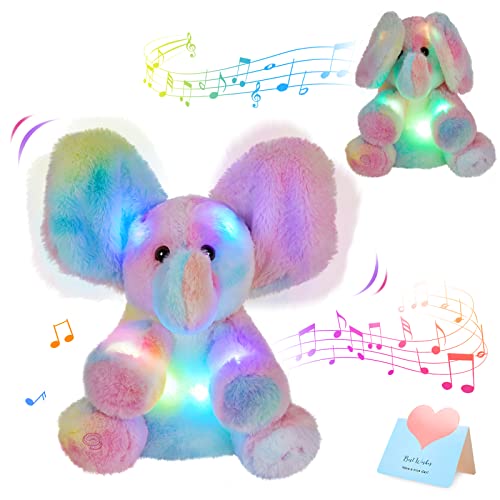 Glow Guards 12'' Light up Peek-a-Boo Elephant Stuffed Animal Musical Rainbow Elephant Singing Stuffed Animal Electric Interactive Toys Christmas Holiday Birthday Gifts for Toddler Kids