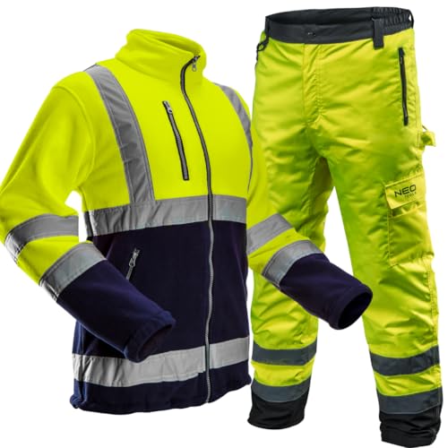 NEO TOOLS Ensemble pantalon de travail thermique haute visibilité pour homme + veste polaire de travail | Pantalon imperméable en Oxford 300D avec doublure en polaire jaune, S-2XL (XL), Set jaune, XL