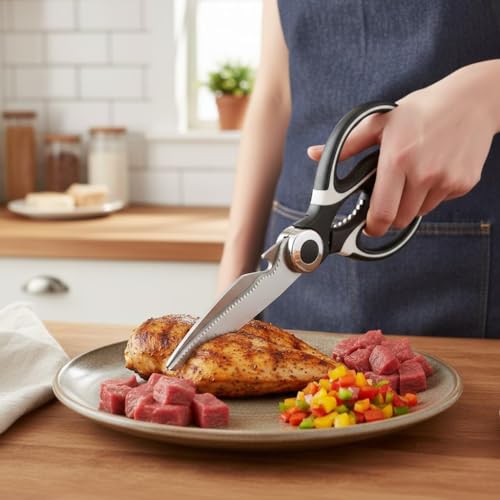 Image of Titanium Kitchen Scissors | Anti-microbial, rust-free and detachable blades | Cuts through meat, soft bones | Nut-cracker | Scaling fish