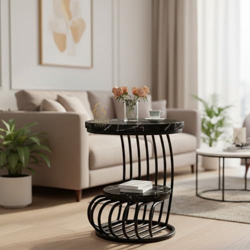 Image of Modern Designer Side Table with Dual Wooden Shelves | Heavy-Duty Metal Frame End Table for Living Room, Bedroom & Sofa Side Use (Black)