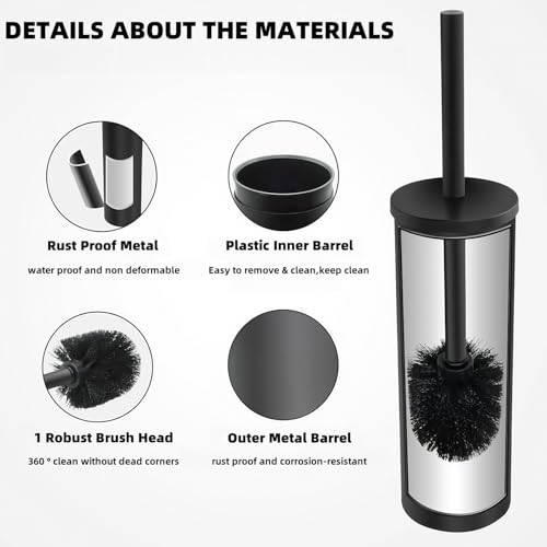 Image of Wall Mounted Brush,Round Toilet Brush with Metal Handle Holder,304 Stainless Steel Toilet Bowl Brush and Holder Set for Toilet and Bathroom Cleaning (Matt Black)