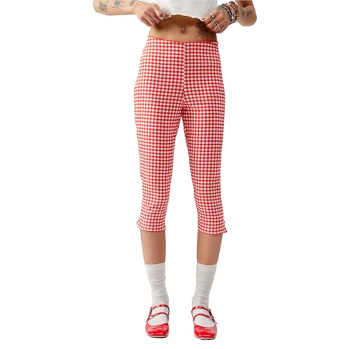 Y2k Capri Pants for Women Trendy Gingham Skinny Cropped Pants High Waist Pull On Capris Trousers Coquette Streetwear