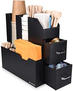 Navaris Coffee Condiment and Accessory Caddy - Coffee and Tea Organiser Station Cup Storage Holder Box Stand with Compartments and 2 Drawers - Black