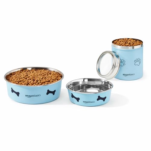 Image of Amazon Basics Stainless Steel Pet Feeding Bowls for Dog & Cats | 3 Pcs Set | Anti Slip Base | Canister & Heavy Dish Outside Blue Color with Printing | Canister 1000 ml & Heavy Dish 900 ml & 1800 ml