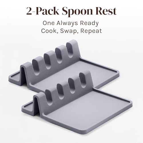 Image of Cooler Kitchen Gray Silicone Spoon Rest for Stove Top with Drip Pad (2 Pack) - Heat Resistant BPA Free Utensil Rest & Kitchen Spoon Holder for Kitchen Counter - Grill Countertop - Spatula Holder