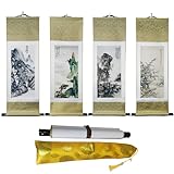 MELLAQUEST 4 Stück asiatische Kunst Wandbehang Gemälde Dekor Vier Jahreszeiten Berge und Gewässer als Set von 4 ländlichen, orientalischen japanischen chinesischen traditionellen Seidenrollen (38,1 x