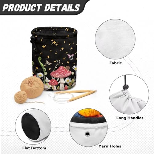 Image of Sellikakes Yarn Bag Crochet Storage Organizer with Drawstring, Mushroom Daisy Crocheting Storage Bag Organizer Yarn Holder for Crocheting Project Store Skein Ball, Short Knitting Needle