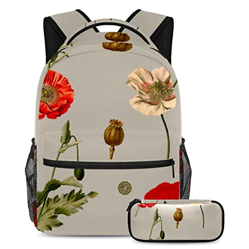 Sac à dos léger anti-fatigue avec compartiment PC portable à motif floral coquelicot