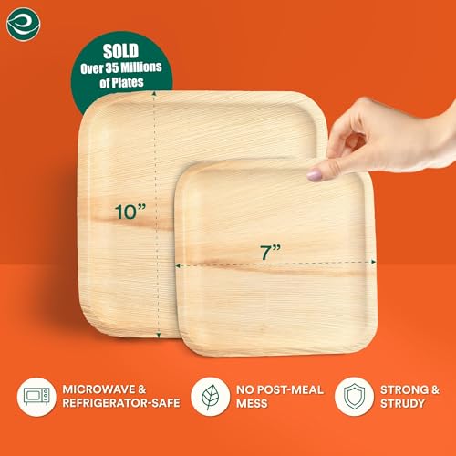 ECO SOUL 100 Palm Leaf Plates Square| 50 Large Dinner Plates, 50 Small Appetizer Plates|Eco-Friendly Compostable Bamboo Plate Disposable Dinnerware for Dinner, Party & Wedding