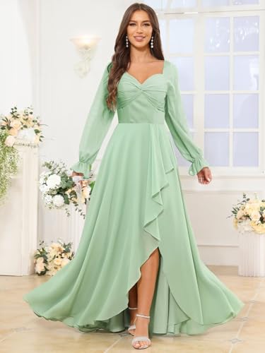 VCCICANY Long Sleeve Chiffon Bridesmaid Dresses for Women Sweetheart Ruffle Ruched Formal Evening Gowns with Slit3