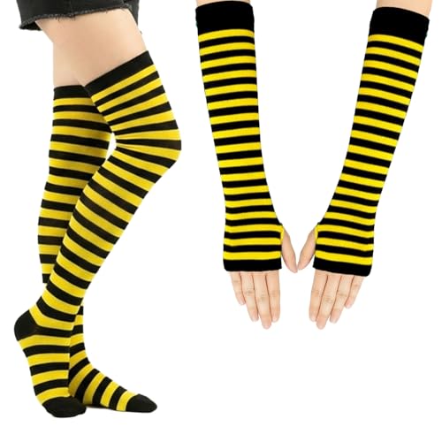 Lufdegim dam randiga knästrumpor, långa stickade handskar, strumpor set för fest kostym, gul och svart, one size