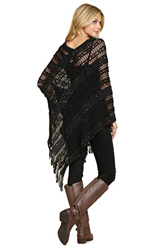 Bohemian Sequin Glitter Shawl Wrap Poncho - Kimono Cardigan, Sparkly Metallic Mesh Scarf, Open Knit Crochet Sweater Cape (Crochet Pullover Poncho - Black) #TOP4